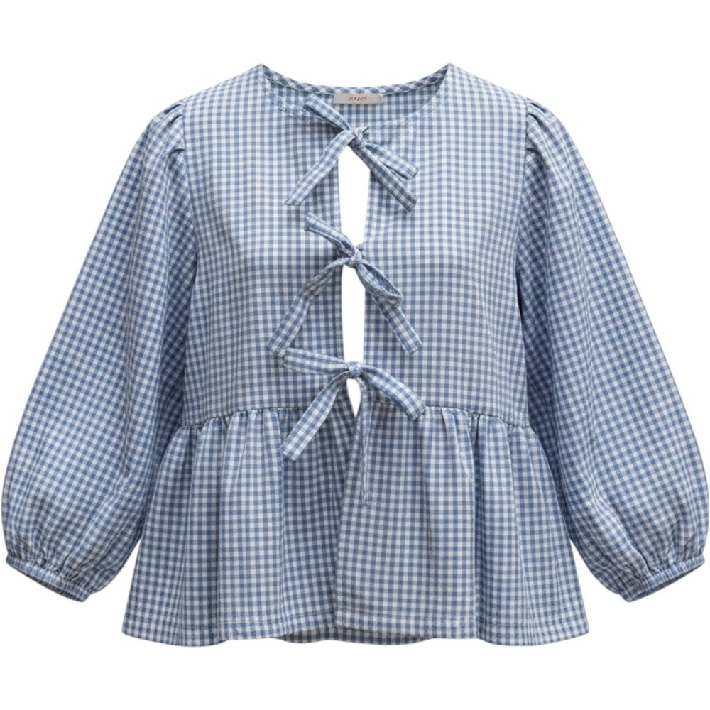Blue Gingham Tie Front Peplum Blouse Long Sleeve Cottagecore Coquette Top Small